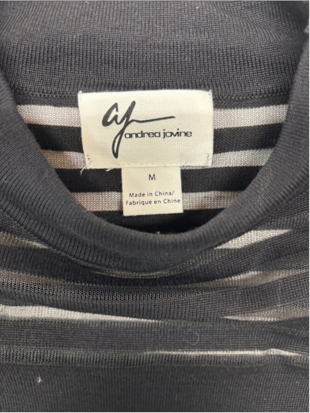 Andrea Jovine Black Mock Neck Knit Sweater with Sheer Stripe Yoke 358 stretch - Picture 3 of 4